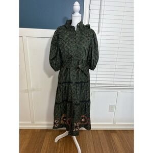 Emily Lovelock Green Geometric Embroidered Belted Midi Dress Puff Sleeve S